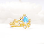 Nature-Inspired Pear Cut Moonstone Engagement Ring Set with Twisted Vine Accents - Rose-Gold