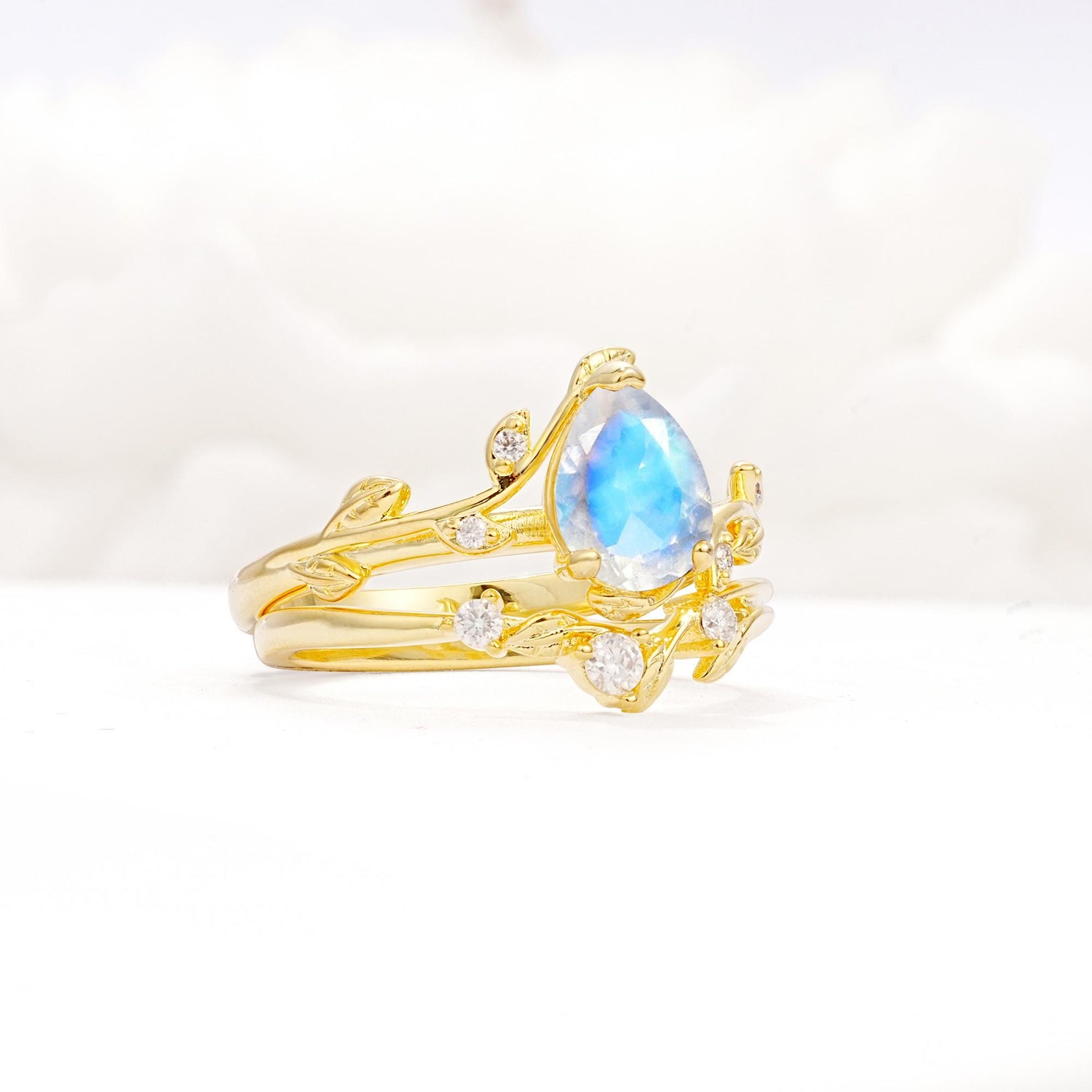 Nature-Inspired Pear Cut Moonstone Engagement Ring Set with Twisted Vine Accents - Rose-Gold