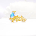 Nature-Inspired Pear Cut Moonstone Engagement Ring Set with Twisted Vine Accents - White-Gold