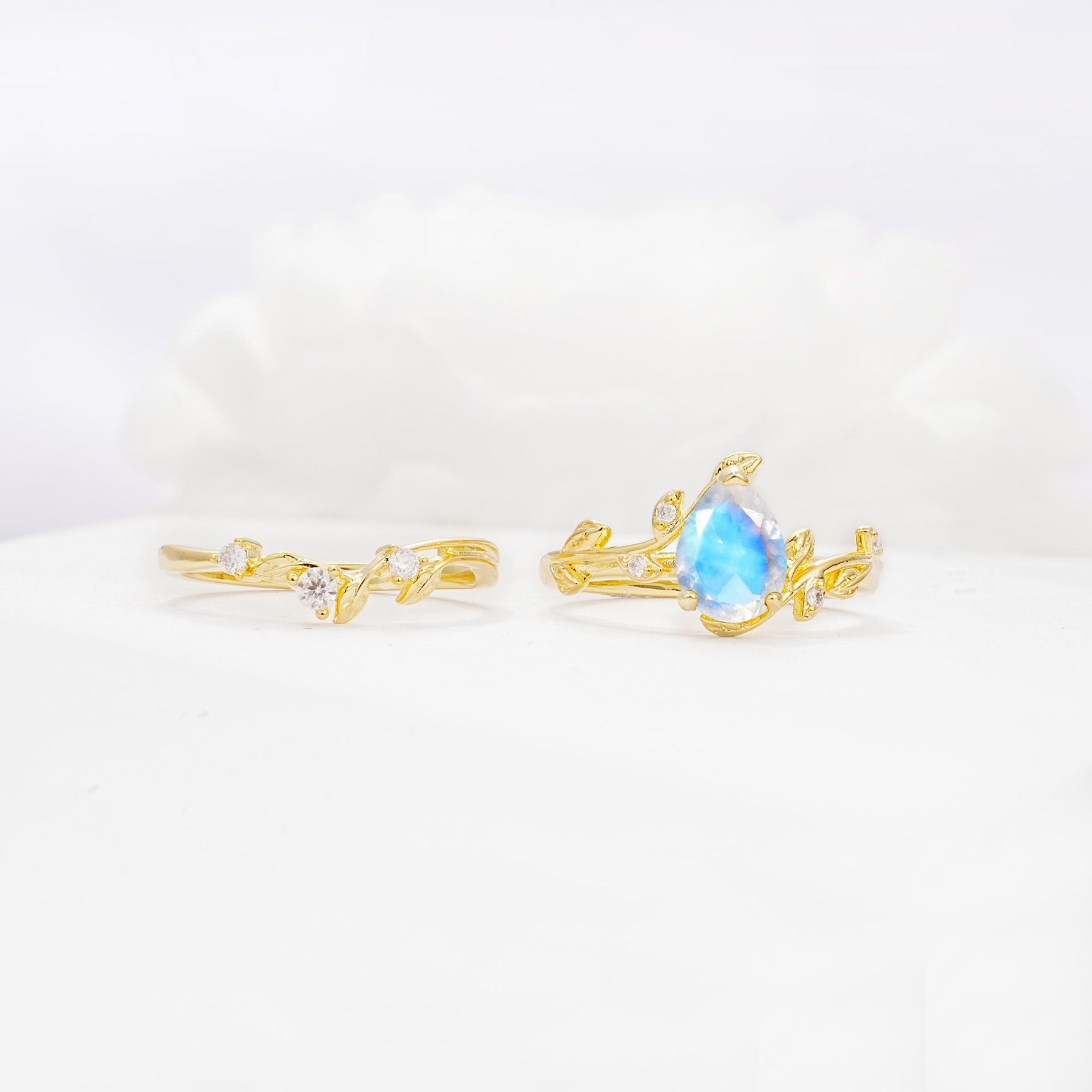 Nature-Inspired Pear Cut Moonstone Engagement Ring Set with Twisted Vine Accents - Additional view