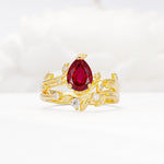 Nature-Inspired Pear Cut Ruby Engagement Ring Set with Twisted Vine Accents - Yellow-Gold
