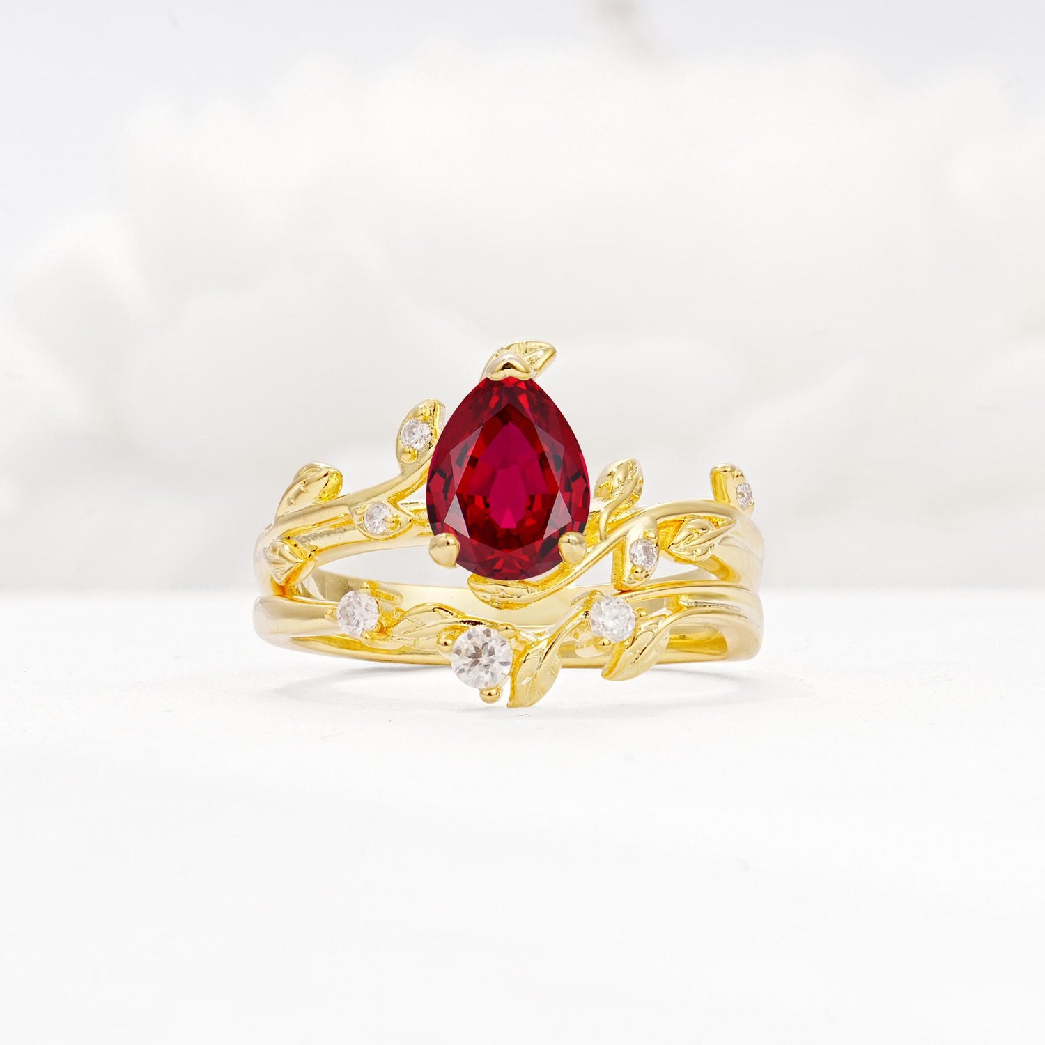 Nature-Inspired Pear Cut Ruby Engagement Ring Set with Twisted Vine Accents - Yellow-Gold