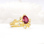 Nature-Inspired Pear Cut Ruby Engagement Ring Set with Twisted Vine Accents - Rose-Gold