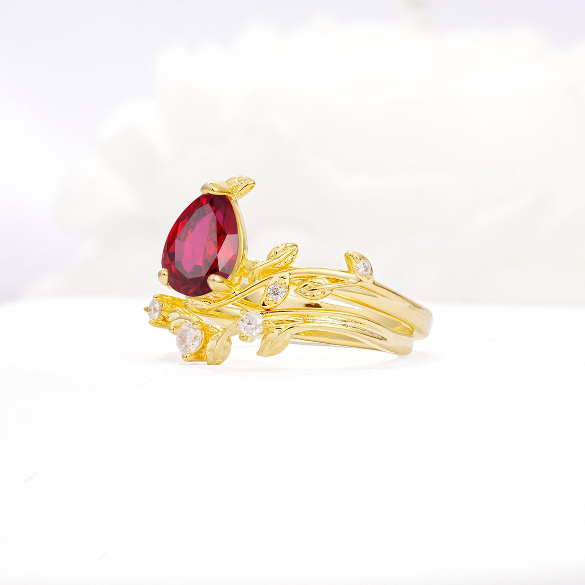 Nature-Inspired Pear Cut Ruby Engagement Ring Set with Twisted Vine Accents - White-Gold