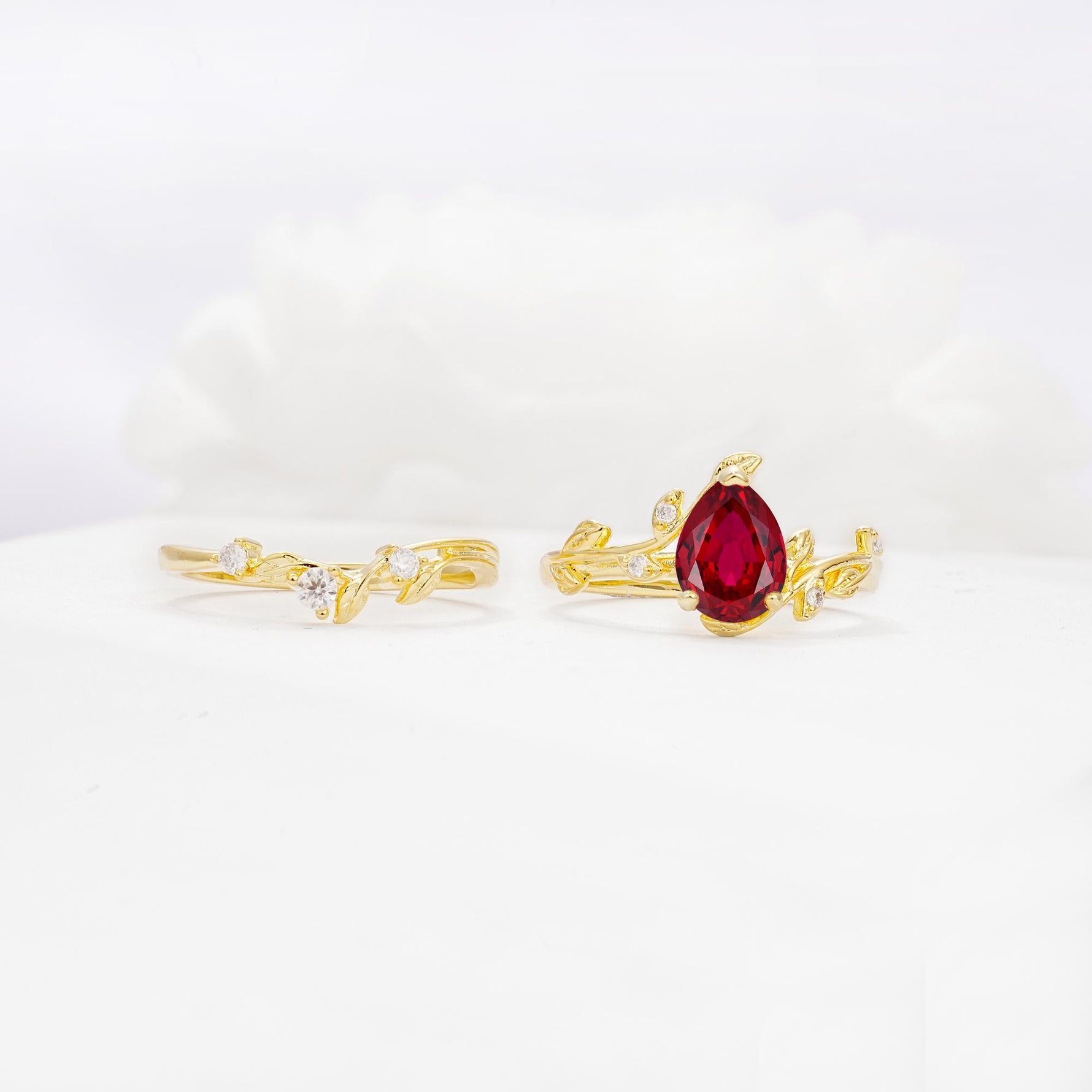 Nature-Inspired Pear Cut Ruby Engagement Ring Set with Twisted Vine Accents - Additional view