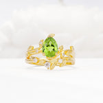 Nature-Inspired Pear Cut Peridot Engagement Ring Set with Twisted Vine Accents - Yellow-Gold