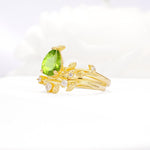 Nature-Inspired Pear Cut Peridot Engagement Ring Set with Twisted Vine Accents - White-Gold