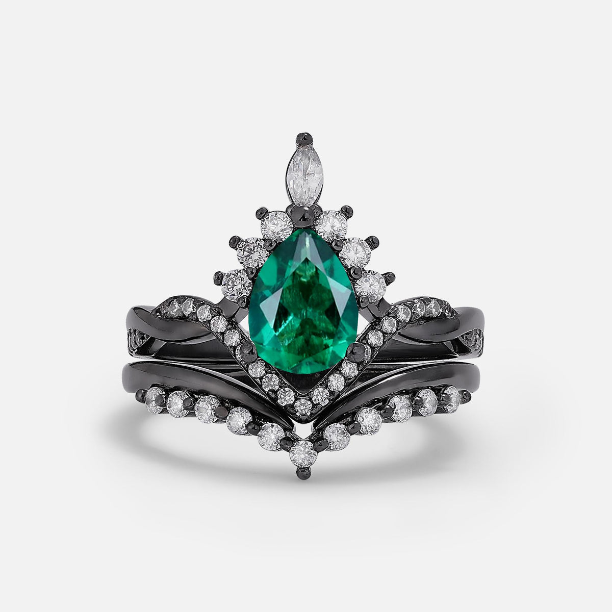 Halloween Pear Cut Emerald Tiara Bridal Ring Set