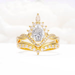 Pear Cut Moissanite Crown Engagement Ring Set with Chevron Enhancer - Yellow-Gold