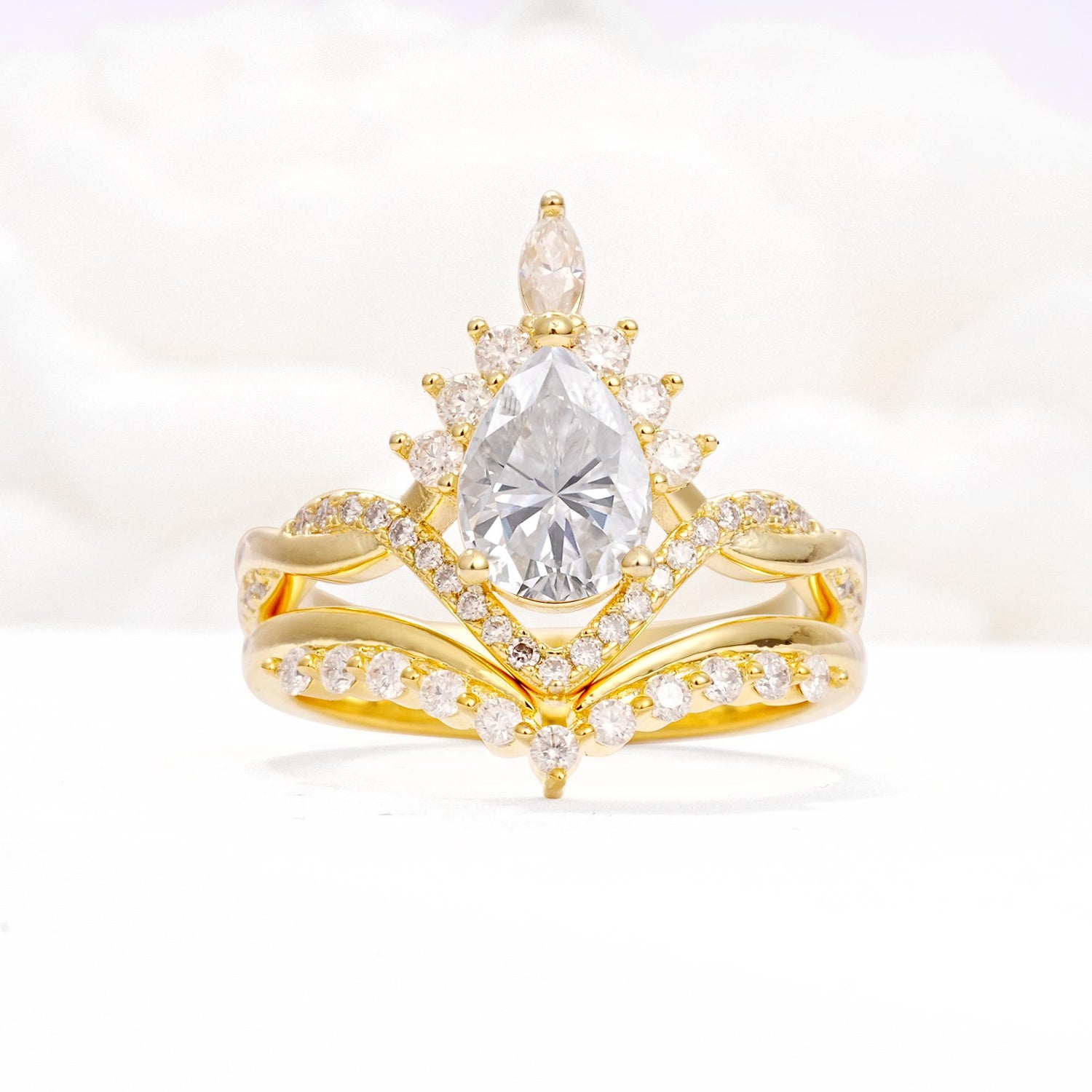 Pear Cut Moissanite Crown Engagement Ring Set with Chevron Enhancer - Yellow-Gold