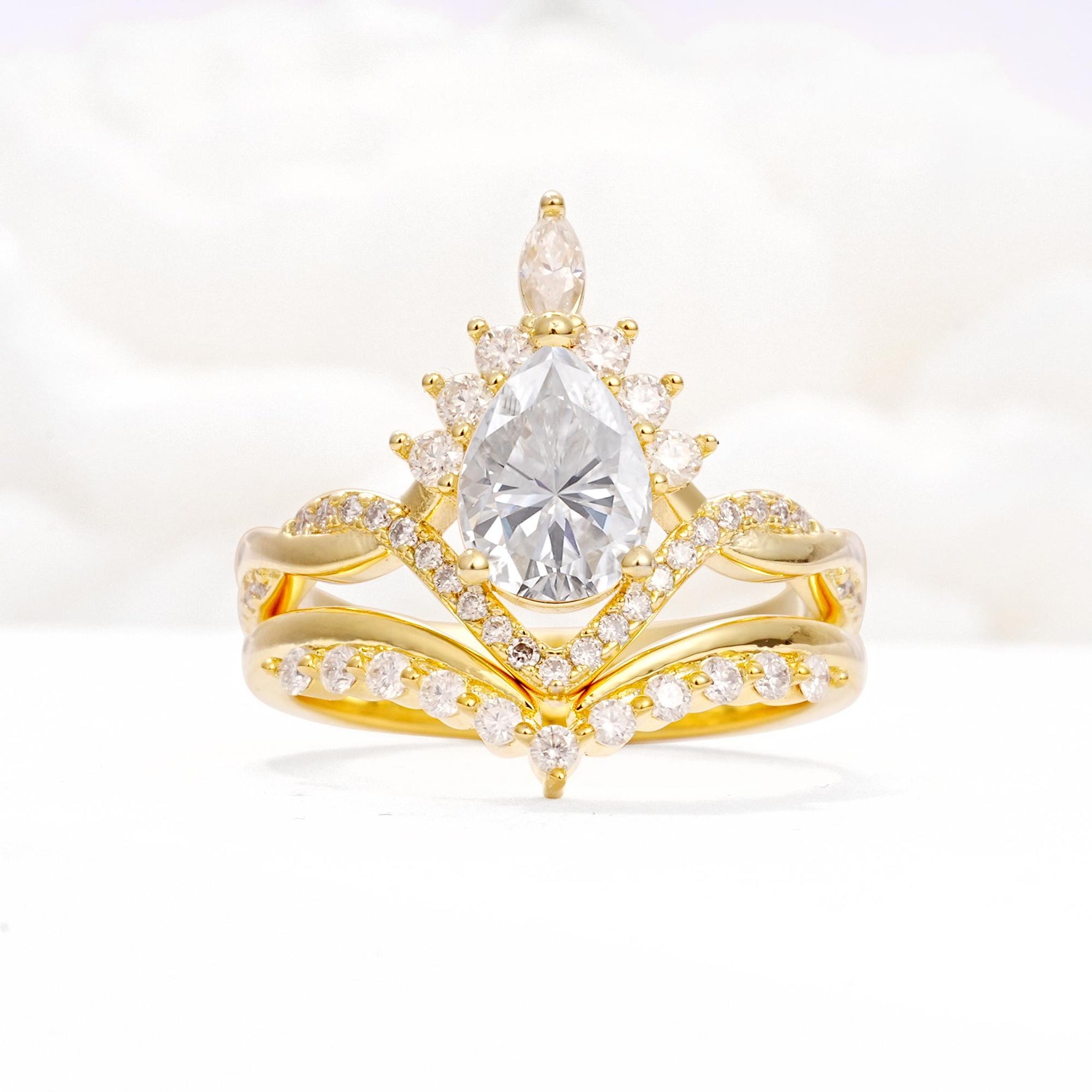 Pear Cut Moissanite Crown Engagement Ring Set with Chevron Enhancer - Yellow-Gold
