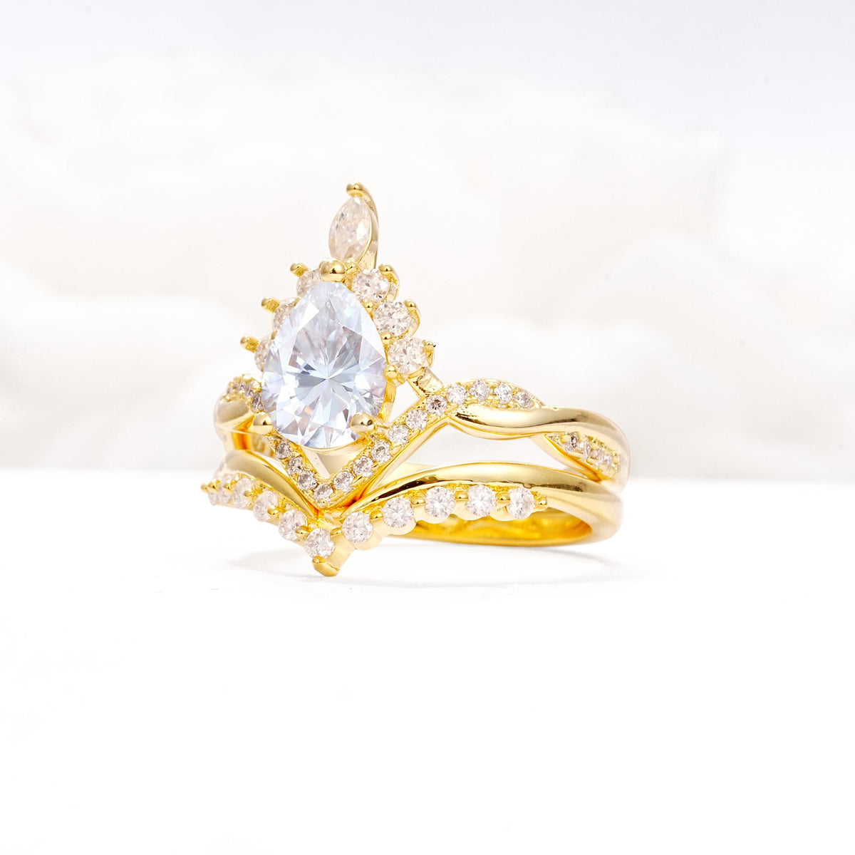 Pear Cut Moissanite Crown Engagement Ring Set with Chevron Enhancer - Rose-Gold