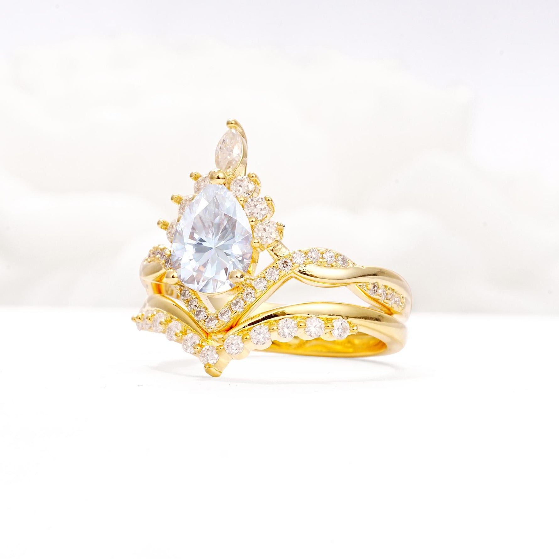 Pear Cut Moissanite Crown Engagement Ring Set with Chevron Enhancer - Rose-Gold