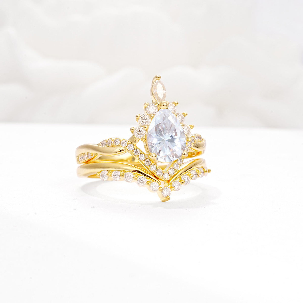Pear Cut Moissanite Crown Engagement Ring Set with Chevron Enhancer - White-Gold