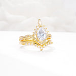 Pear Cut Moissanite Crown Engagement Ring Set with Chevron Enhancer - White-Gold