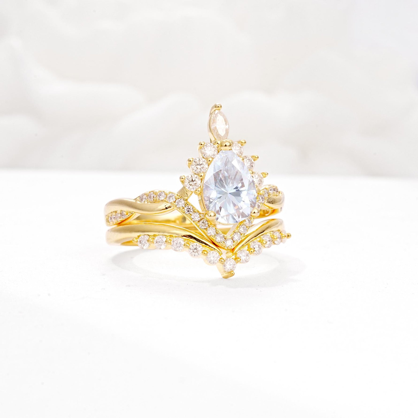 Pear Cut Moissanite Crown Engagement Ring Set with Chevron Enhancer - White-Gold