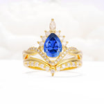Pear Cut Sapphire Crown Engagement Ring Set with Chevron Enhancer - Yellow-Gold