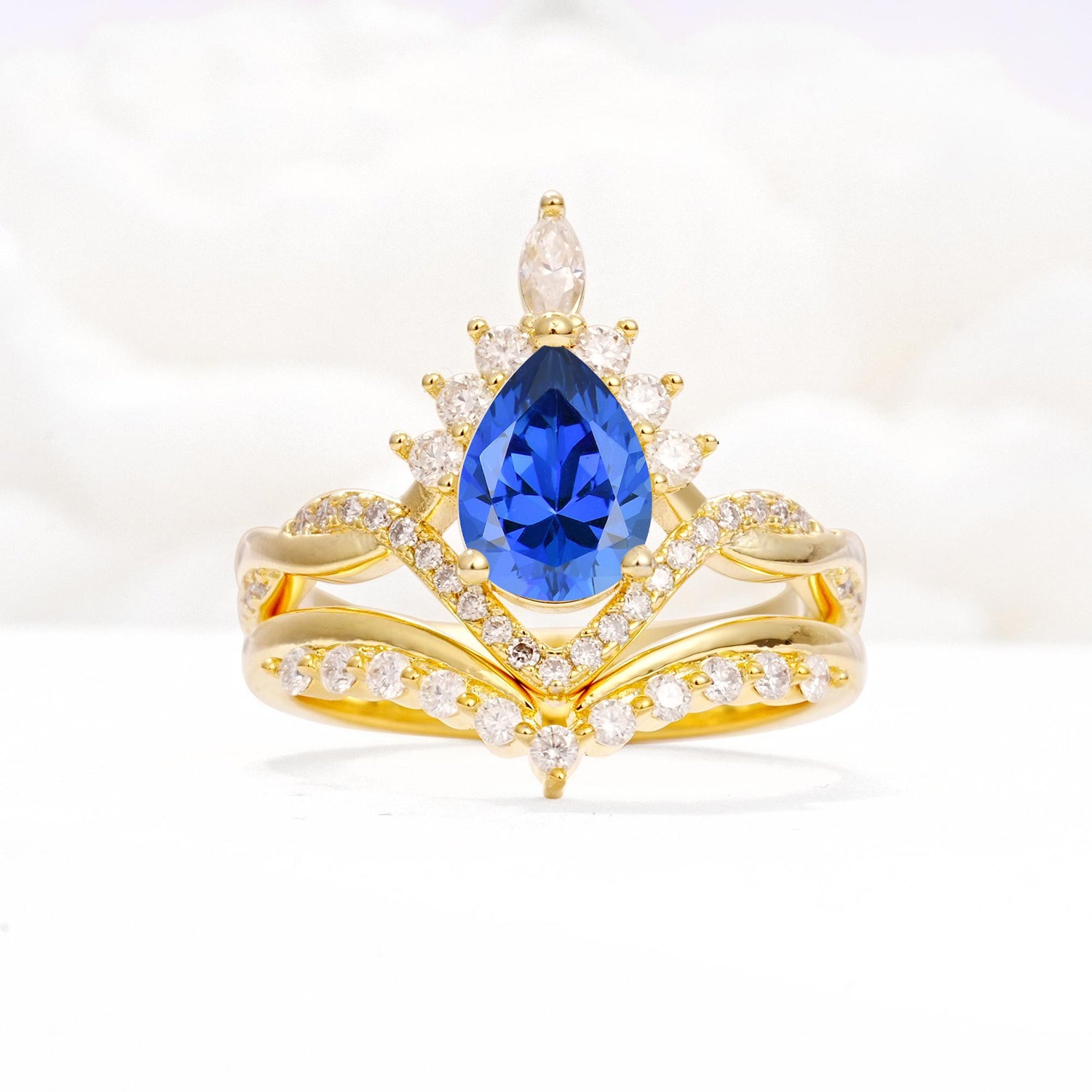 Pear Cut Sapphire Crown Engagement Ring Set with Chevron Enhancer - Yellow-Gold