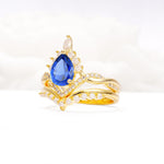 Pear Cut Sapphire Crown Engagement Ring Set with Chevron Enhancer - Rose-Gold