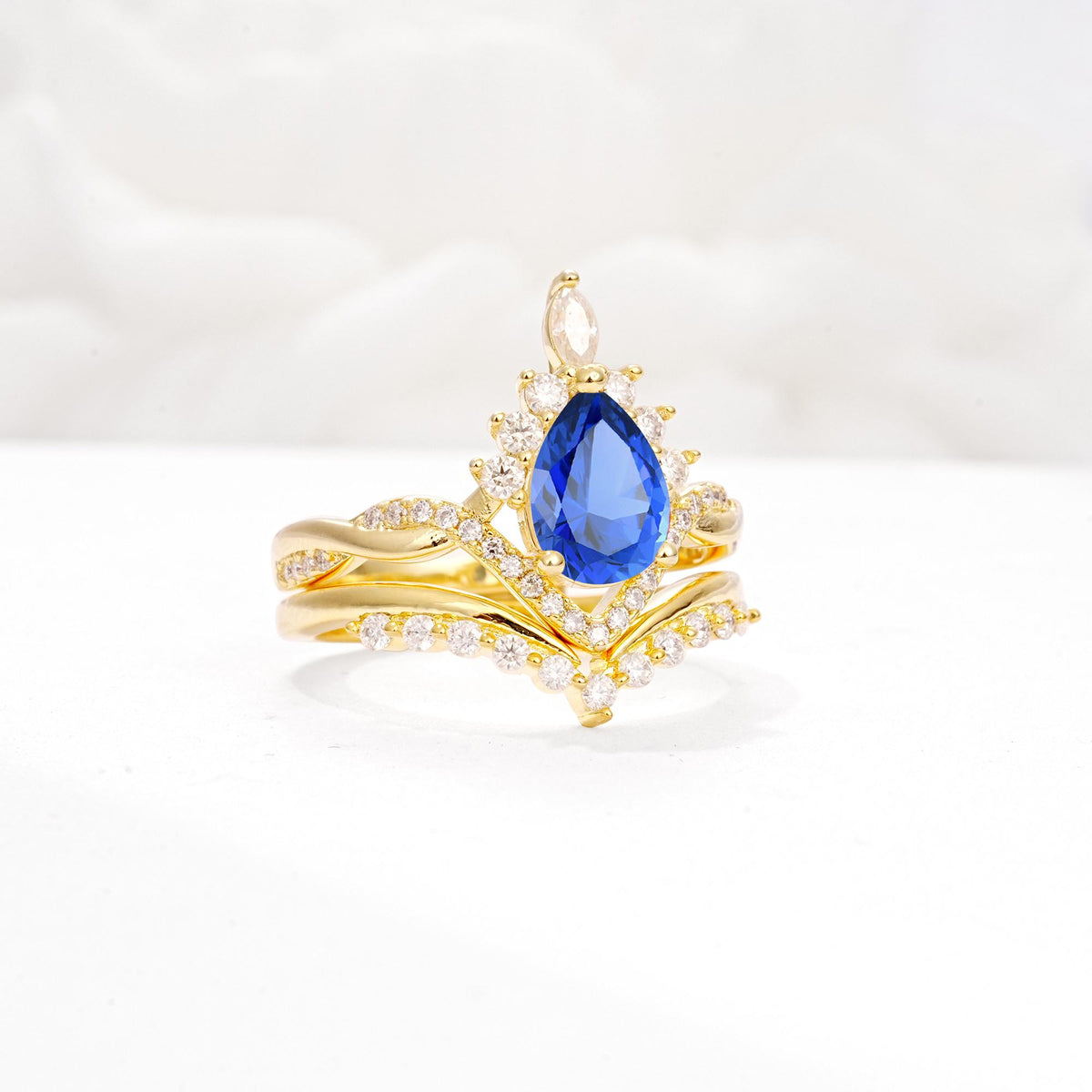 Pear Cut Sapphire Crown Engagement Ring Set with Chevron Enhancer - White-Gold