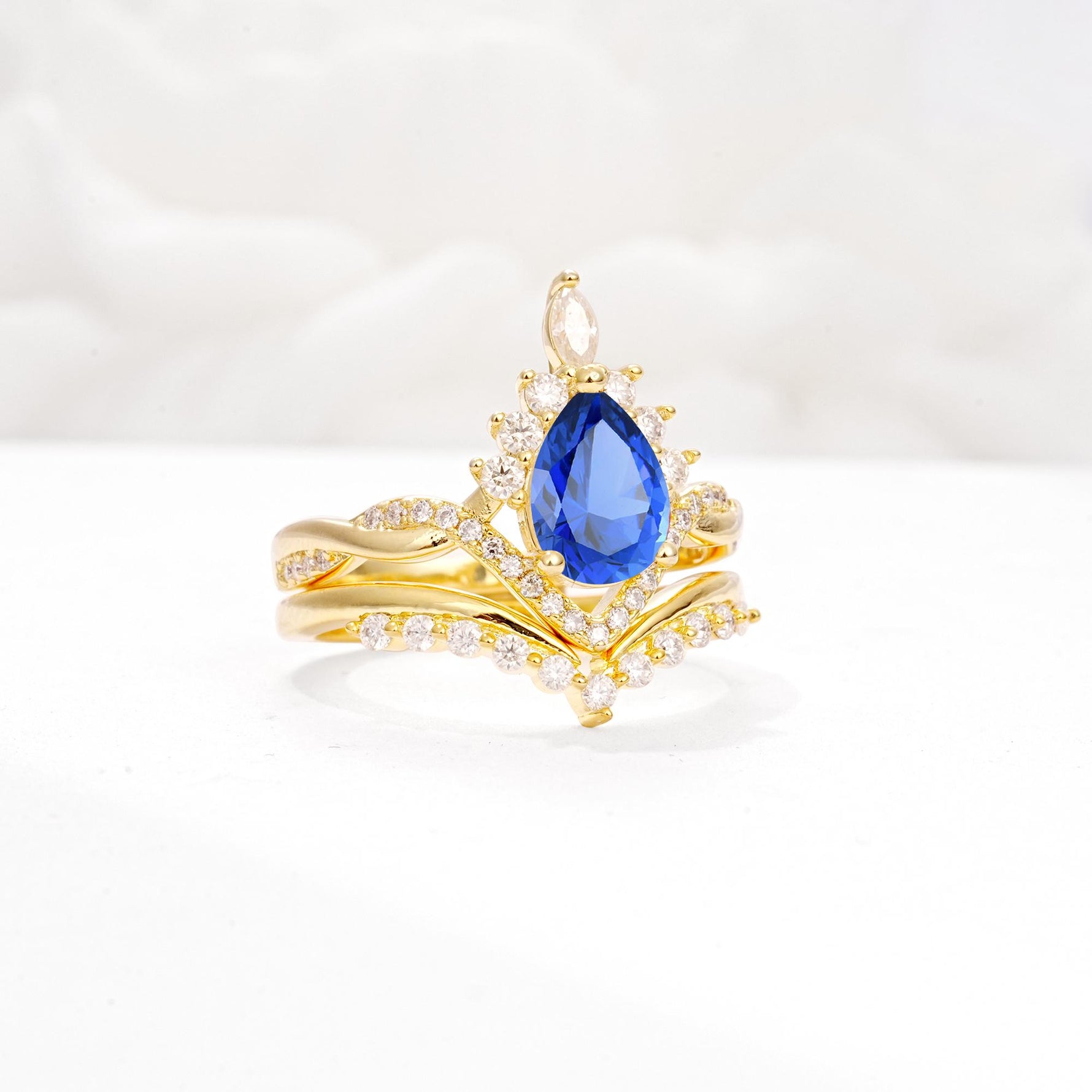 Pear Cut Sapphire Crown Engagement Ring Set with Chevron Enhancer - White-Gold