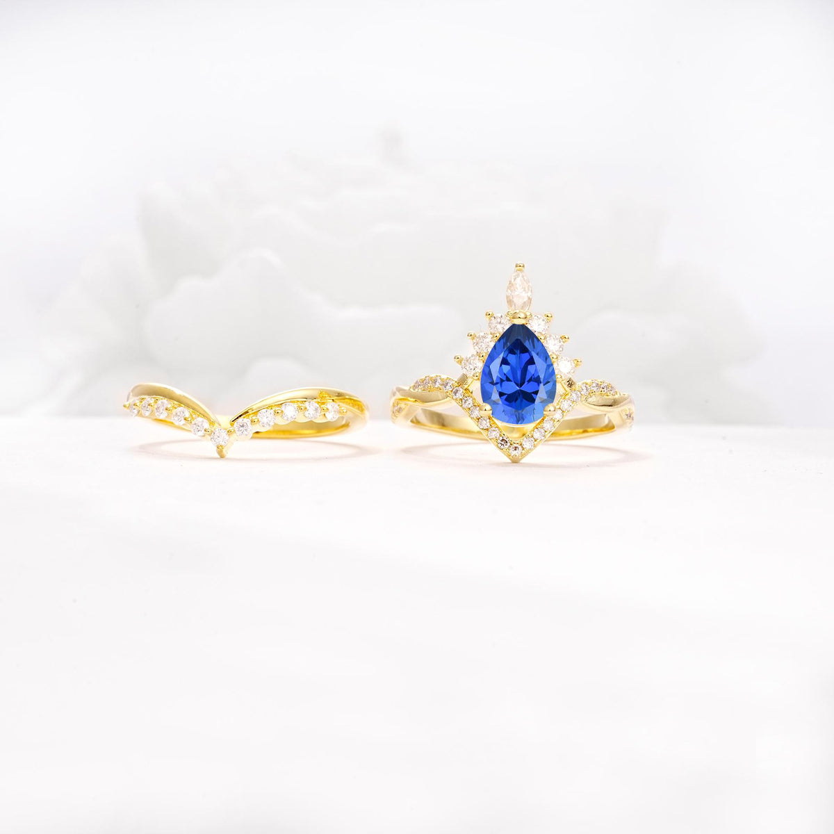 Pear Cut Sapphire Crown Engagement Ring Set with Chevron Enhancer - Additional view