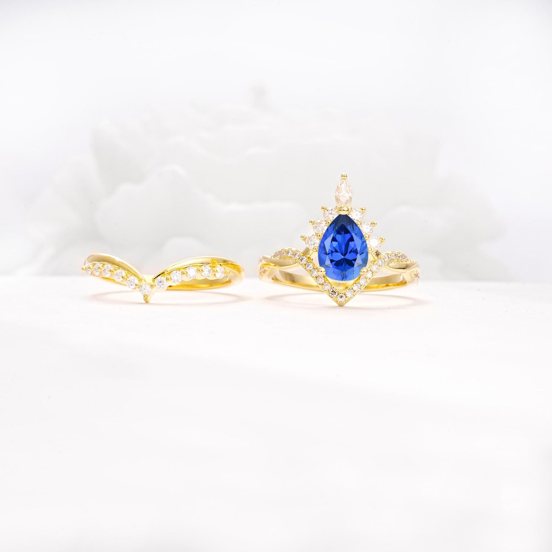 Pear Cut Sapphire Crown Engagement Ring Set with Chevron Enhancer - Additional view