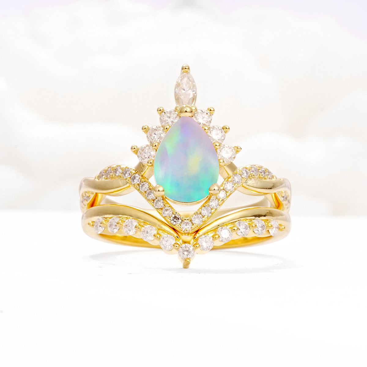 Pear Cut Fire Opal Crown Engagement Ring Set with Chevron Enhancer - Yellow-Gold