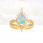 Pear Cut Fire Opal Crown Engagement Ring Set with Chevron Enhancer - Yellow-Gold
