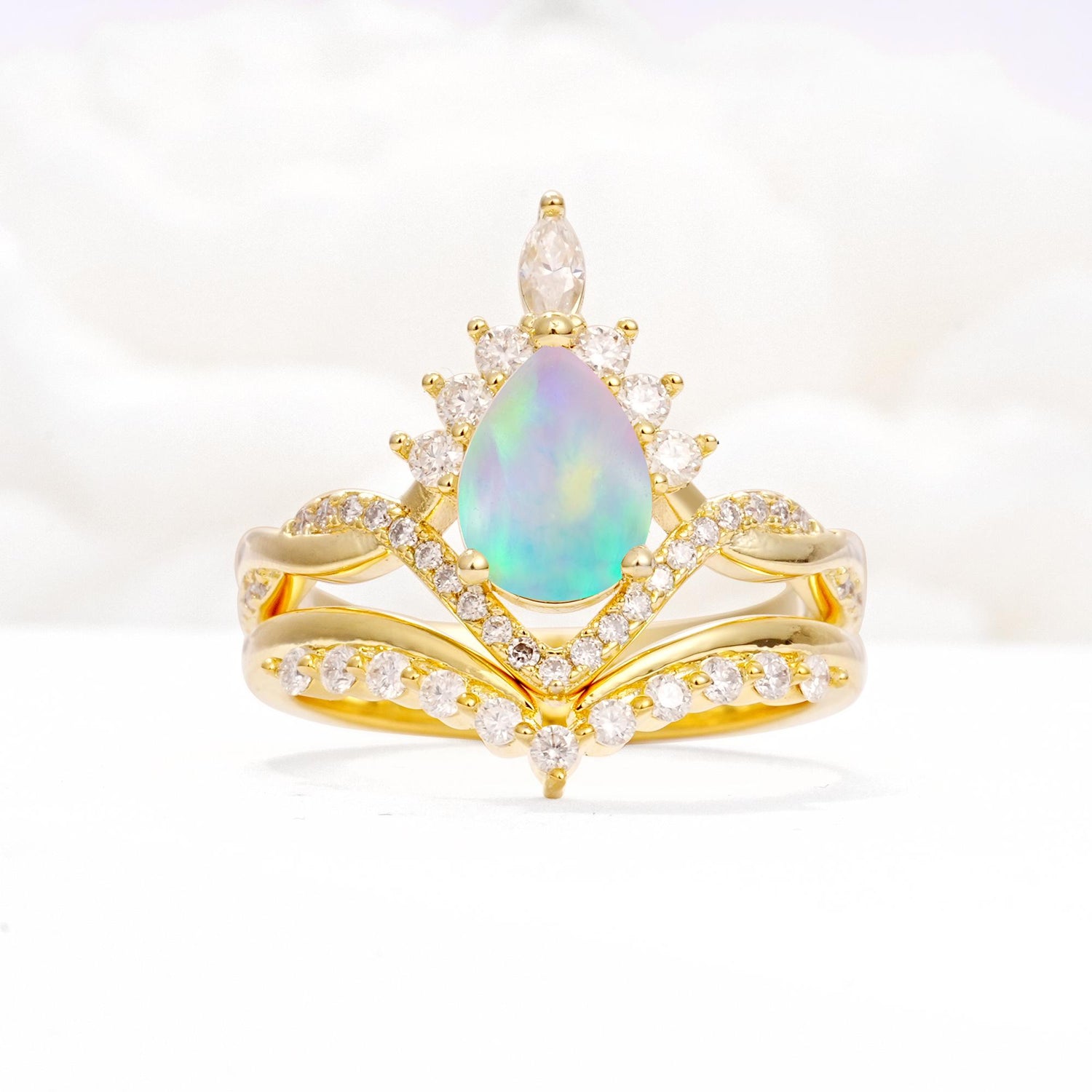 Pear Cut Fire Opal Crown Engagement Ring Set with Chevron Enhancer - Yellow-Gold