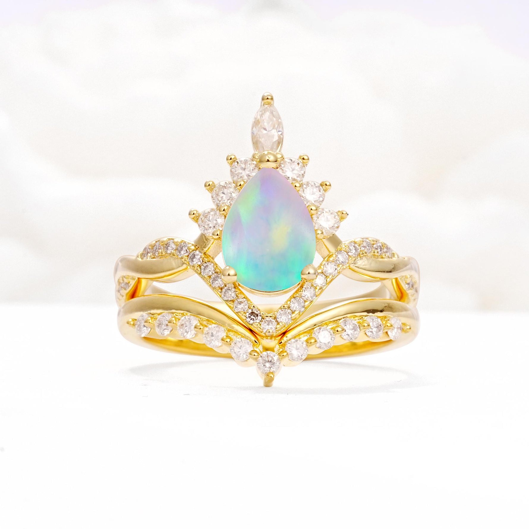 Pear Cut Fire Opal Crown Engagement Ring Set with Chevron Enhancer - Yellow-Gold