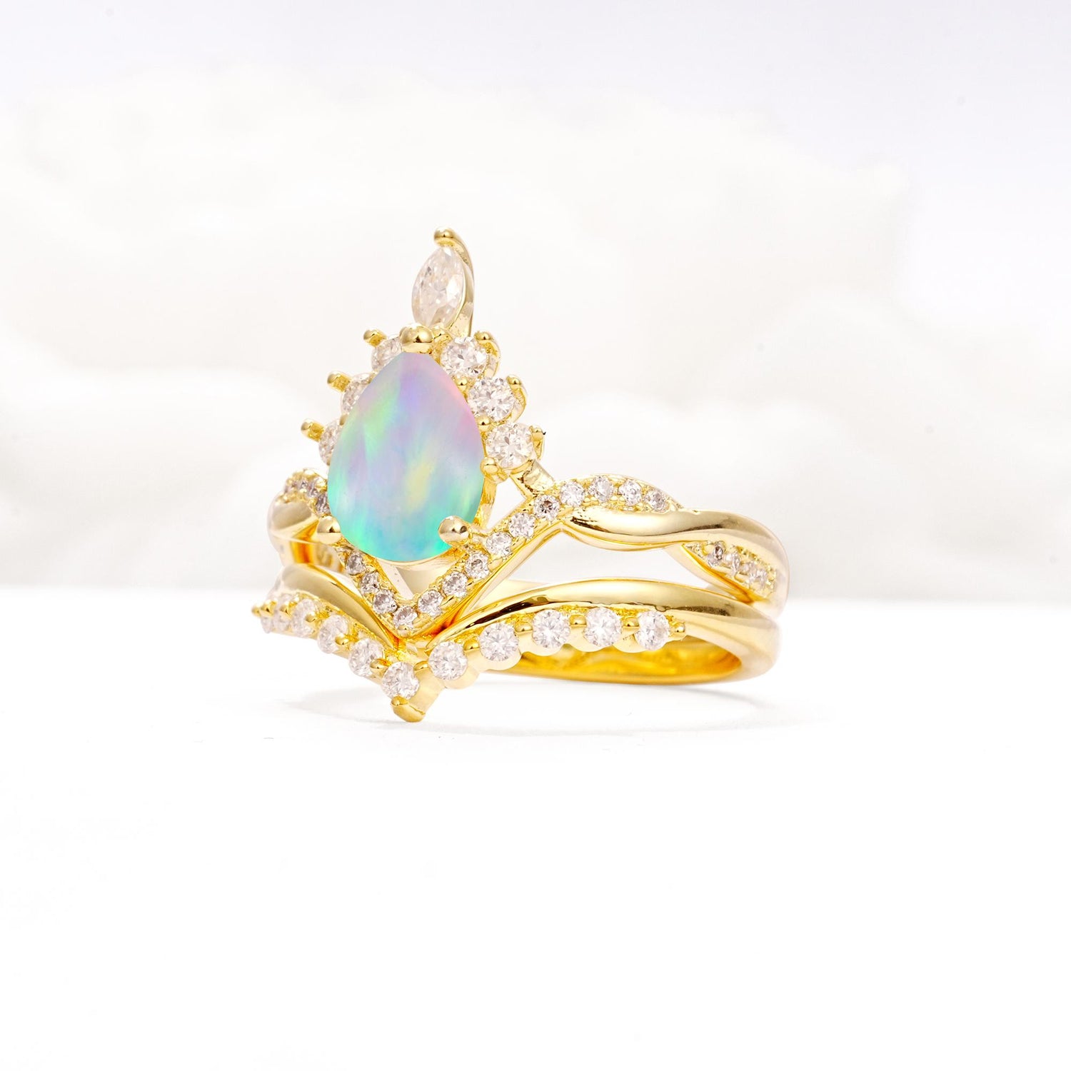 Pear Cut Fire Opal Crown Engagement Ring Set with Chevron Enhancer - Rose-Gold