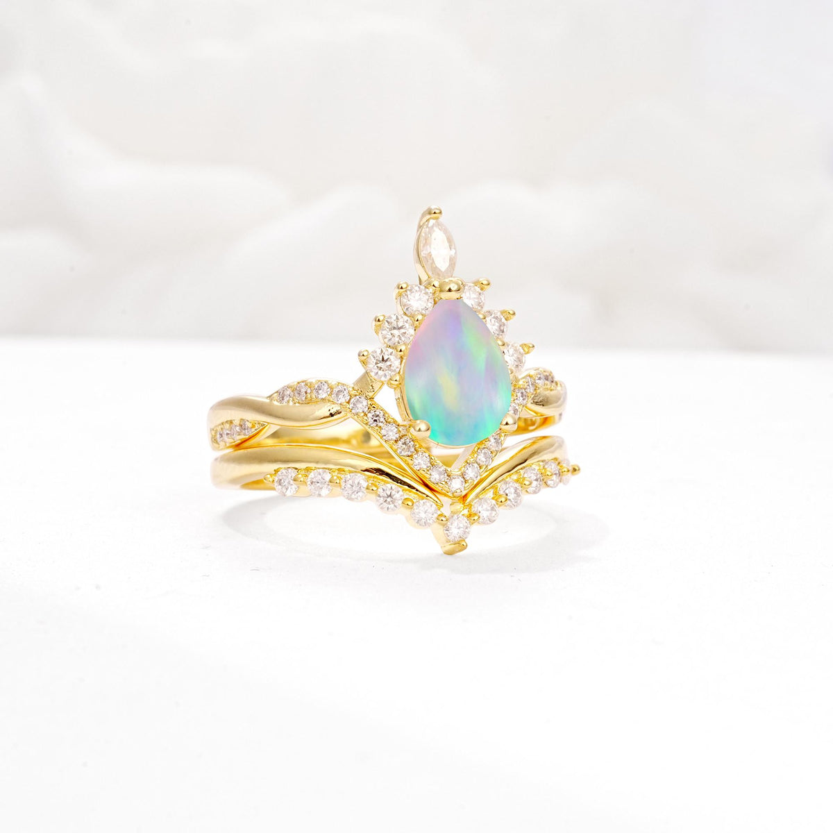 Pear Cut Fire Opal Crown Engagement Ring Set with Chevron Enhancer - White-Gold