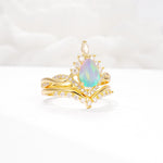 Pear Cut Fire Opal Crown Engagement Ring Set with Chevron Enhancer - White-Gold