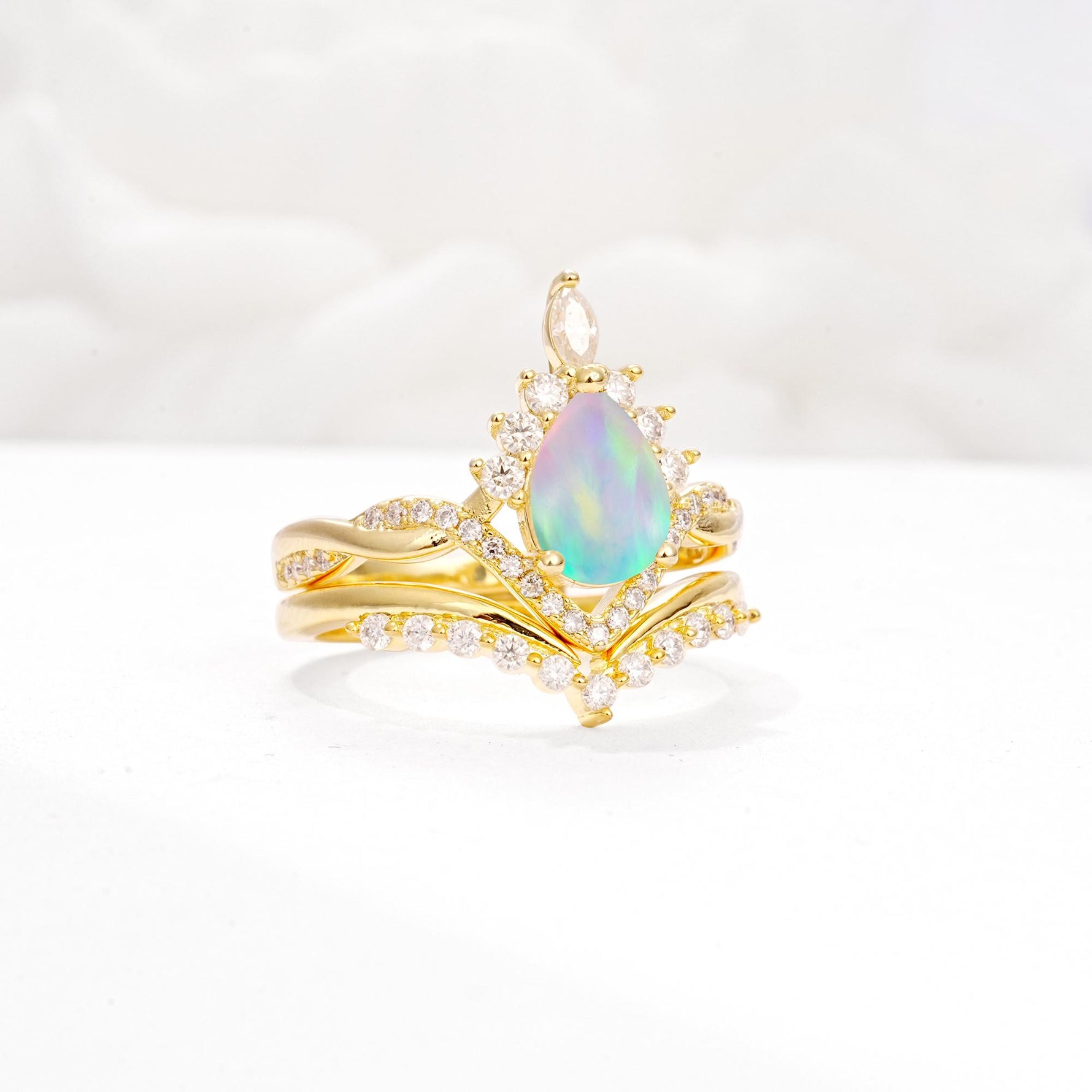 Pear Cut Fire Opal Crown Engagement Ring Set with Chevron Enhancer - White-Gold