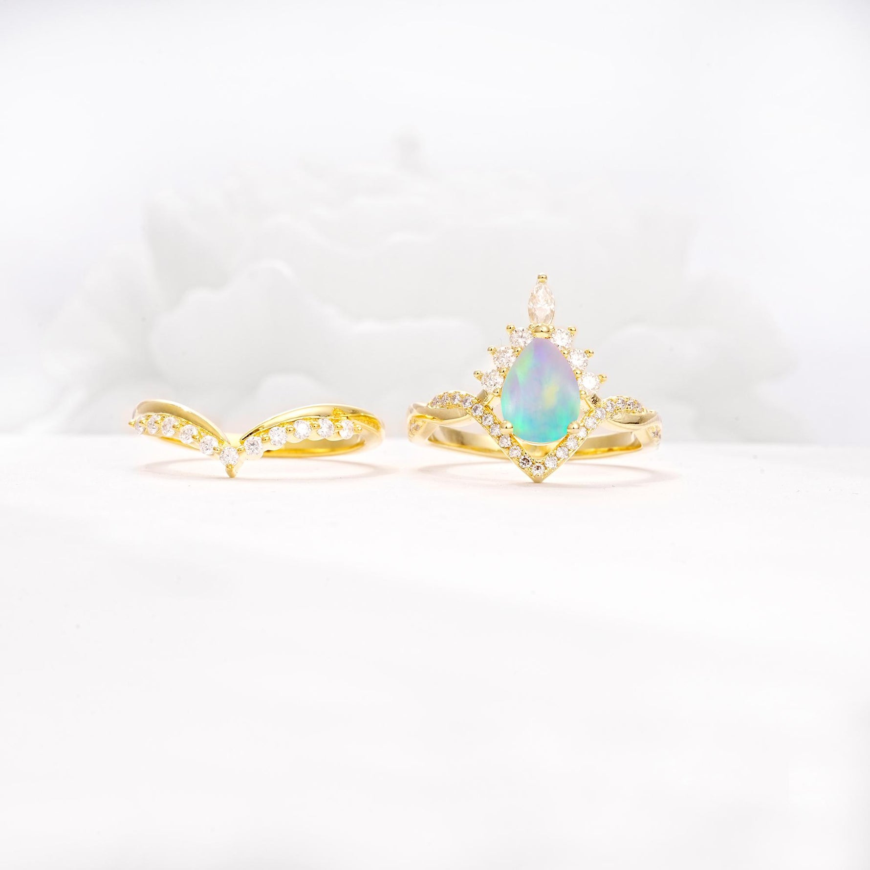 Pear Cut Fire Opal Crown Engagement Ring Set with Chevron Enhancer - Additional view