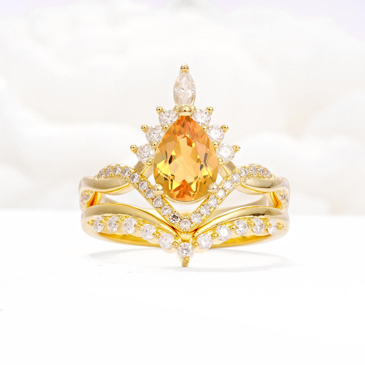 Pear Cut Citrine Crown Engagement Ring Set with Chevron Enhancer - Yellow-Gold