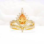Pear Cut Citrine Crown Engagement Ring Set with Chevron Enhancer - Yellow-Gold