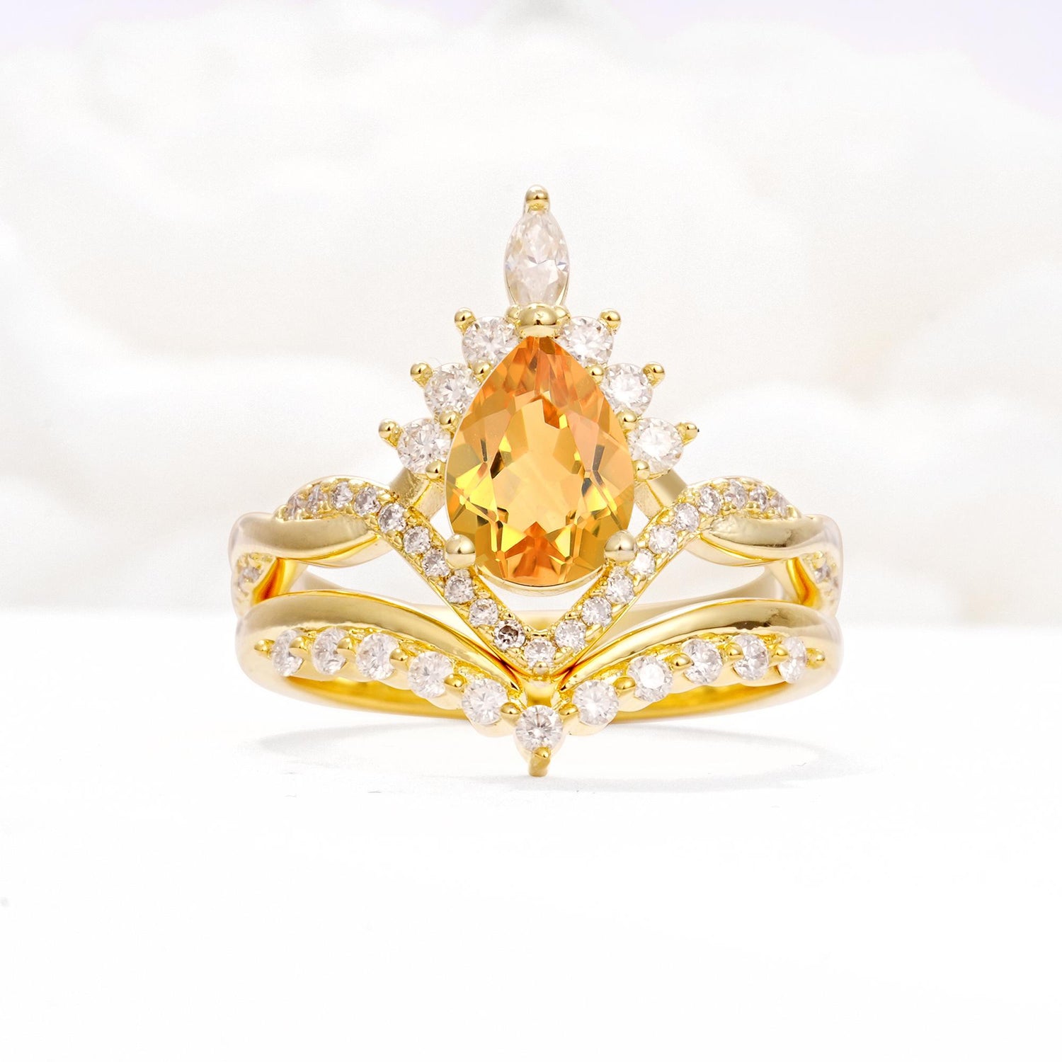 Pear Cut Citrine Crown Engagement Ring Set with Chevron Enhancer - Yellow-Gold