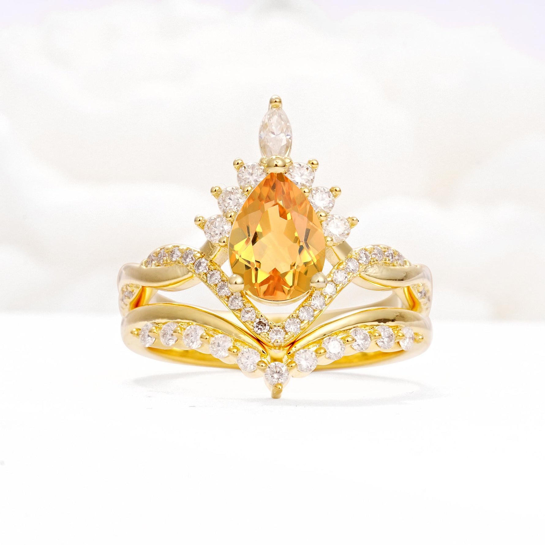 Pear Cut Citrine Crown Engagement Ring Set with Chevron Enhancer - Yellow-Gold
