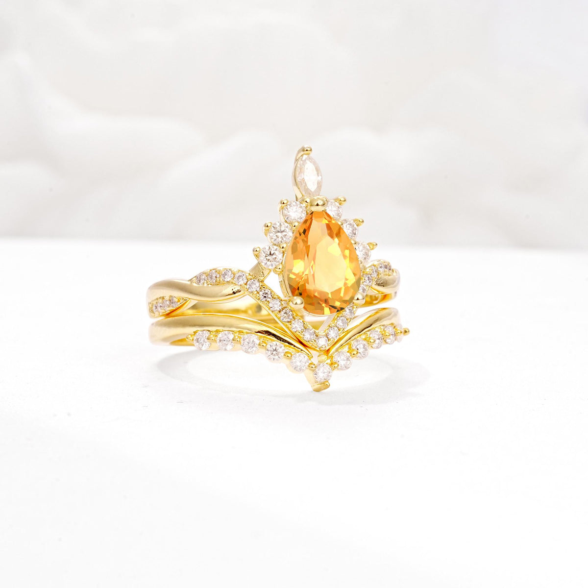 Pear Cut Citrine Crown Engagement Ring Set with Chevron Enhancer - White-Gold