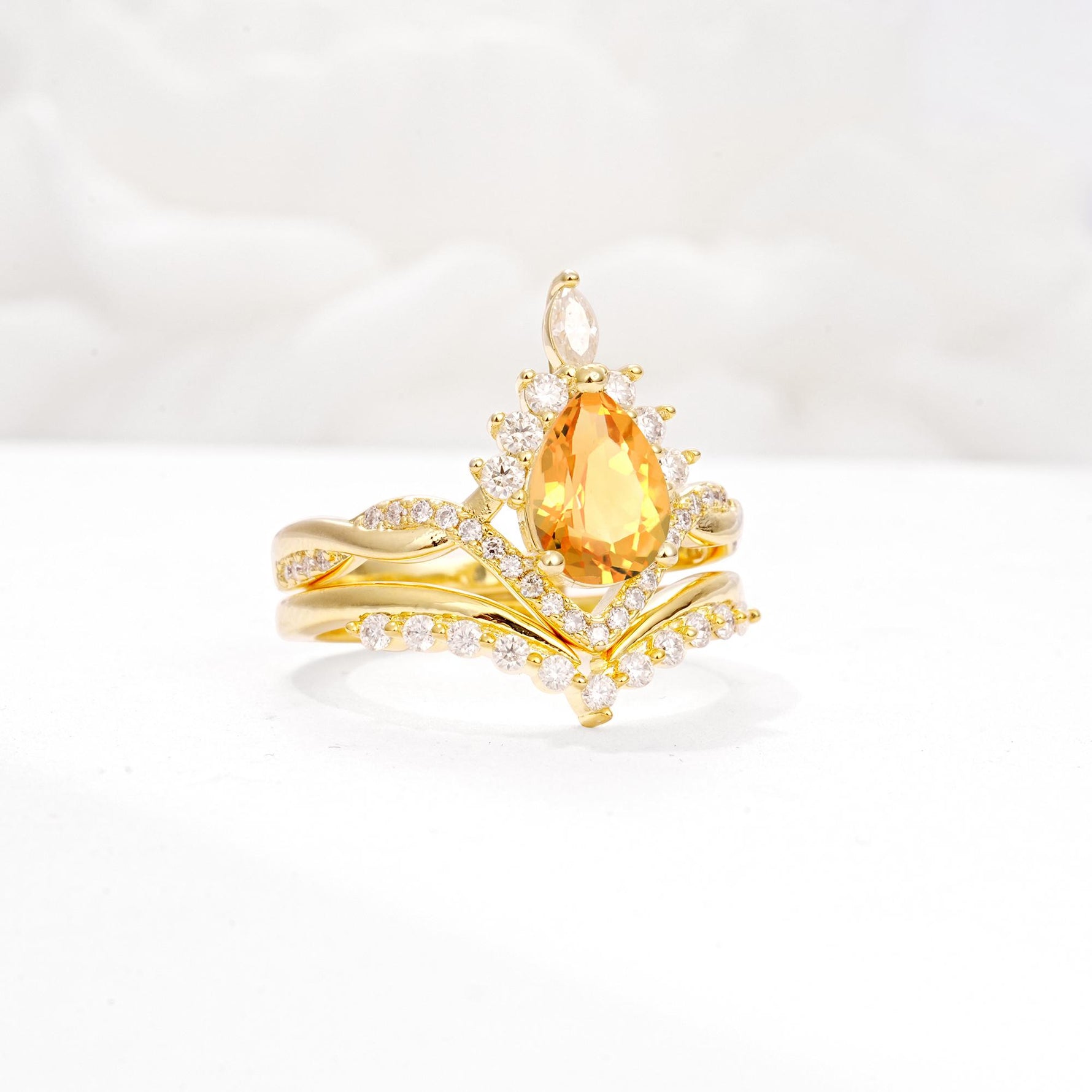 Pear Cut Citrine Crown Engagement Ring Set with Chevron Enhancer - White-Gold