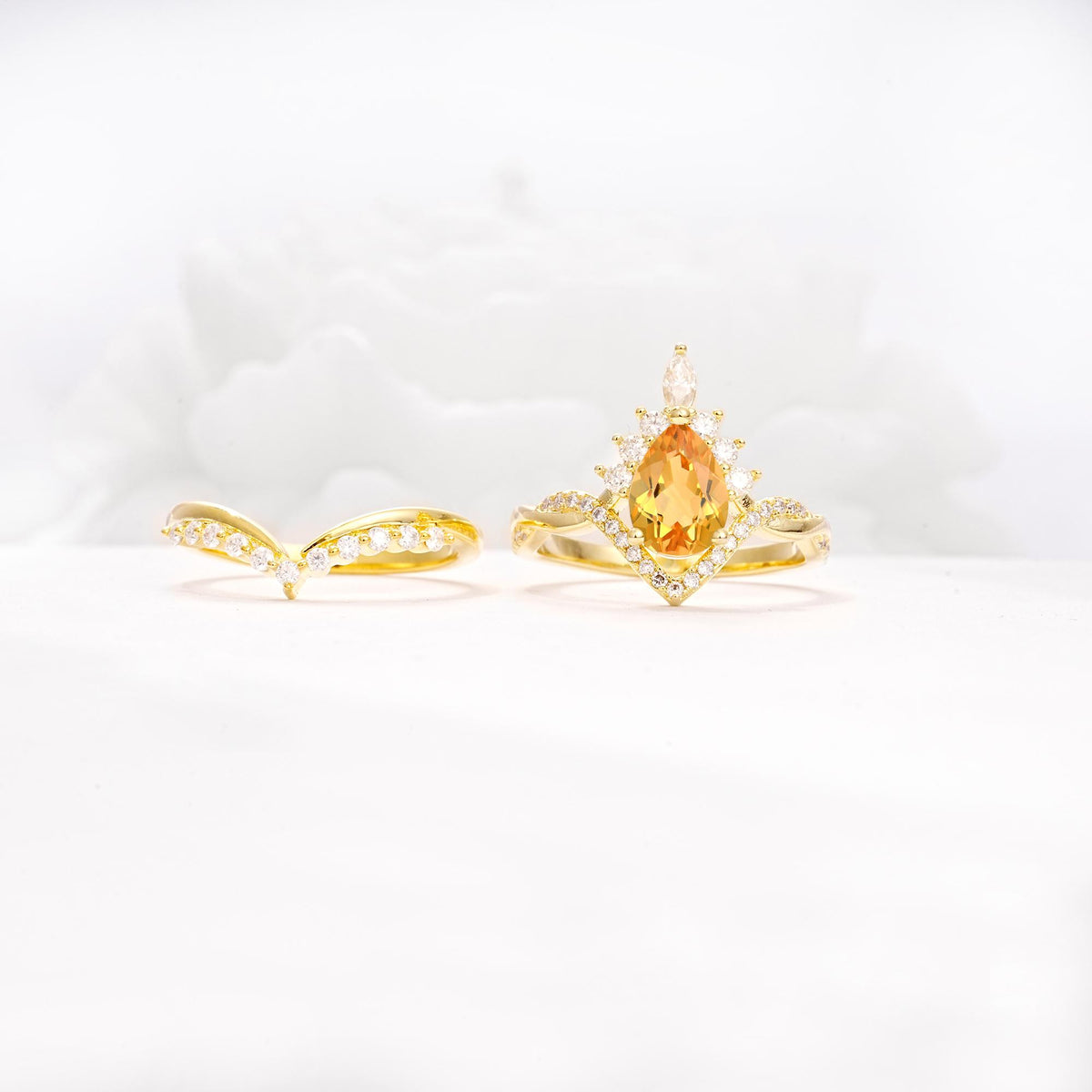 Pear Cut Citrine Crown Engagement Ring Set with Chevron Enhancer - Additional view