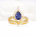 Pear Cut Tanzanite Crown Engagement Ring Set with Chevron Enhancer - Yellow-Gold