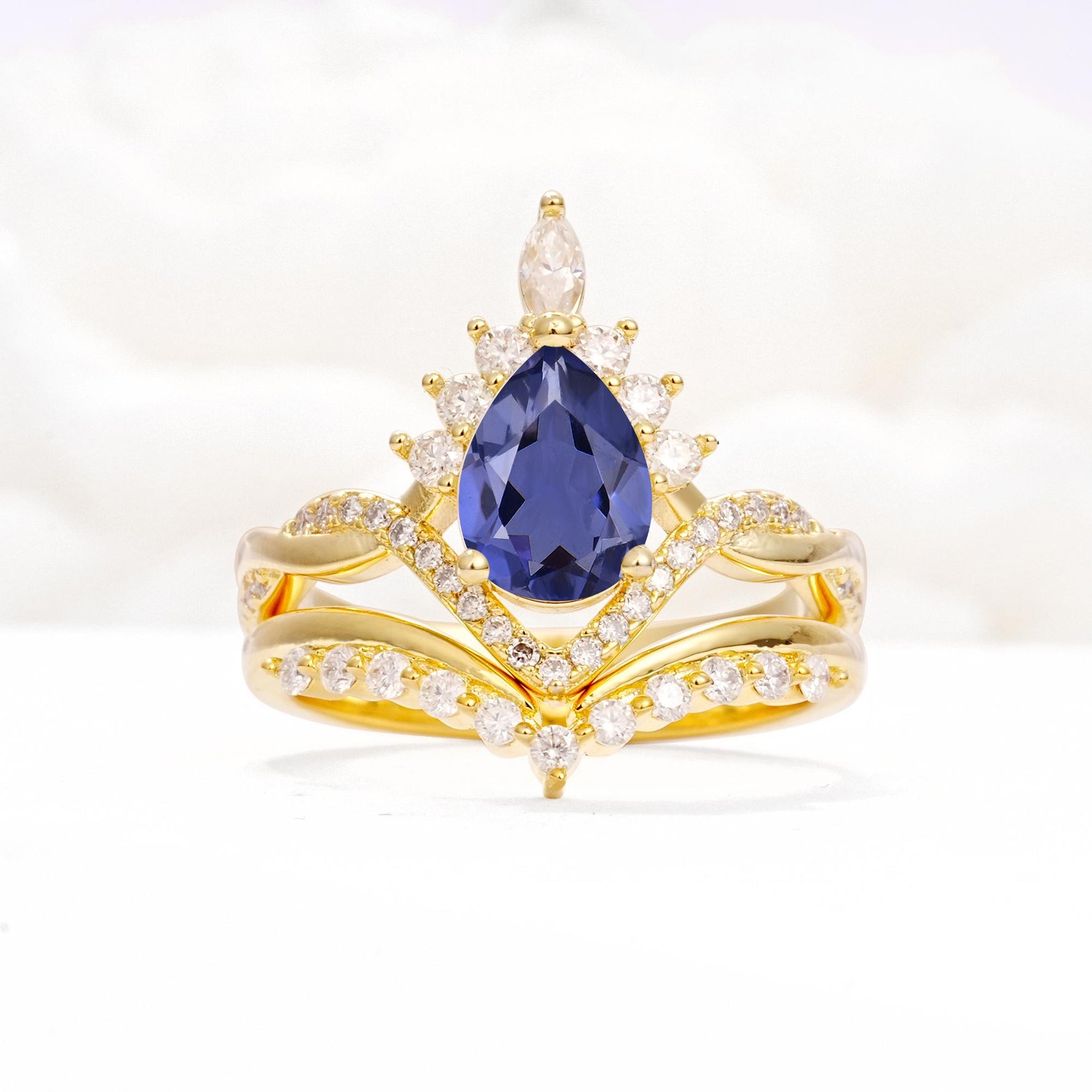 Pear Cut Tanzanite Crown Engagement Ring Set with Chevron Enhancer - Yellow-Gold