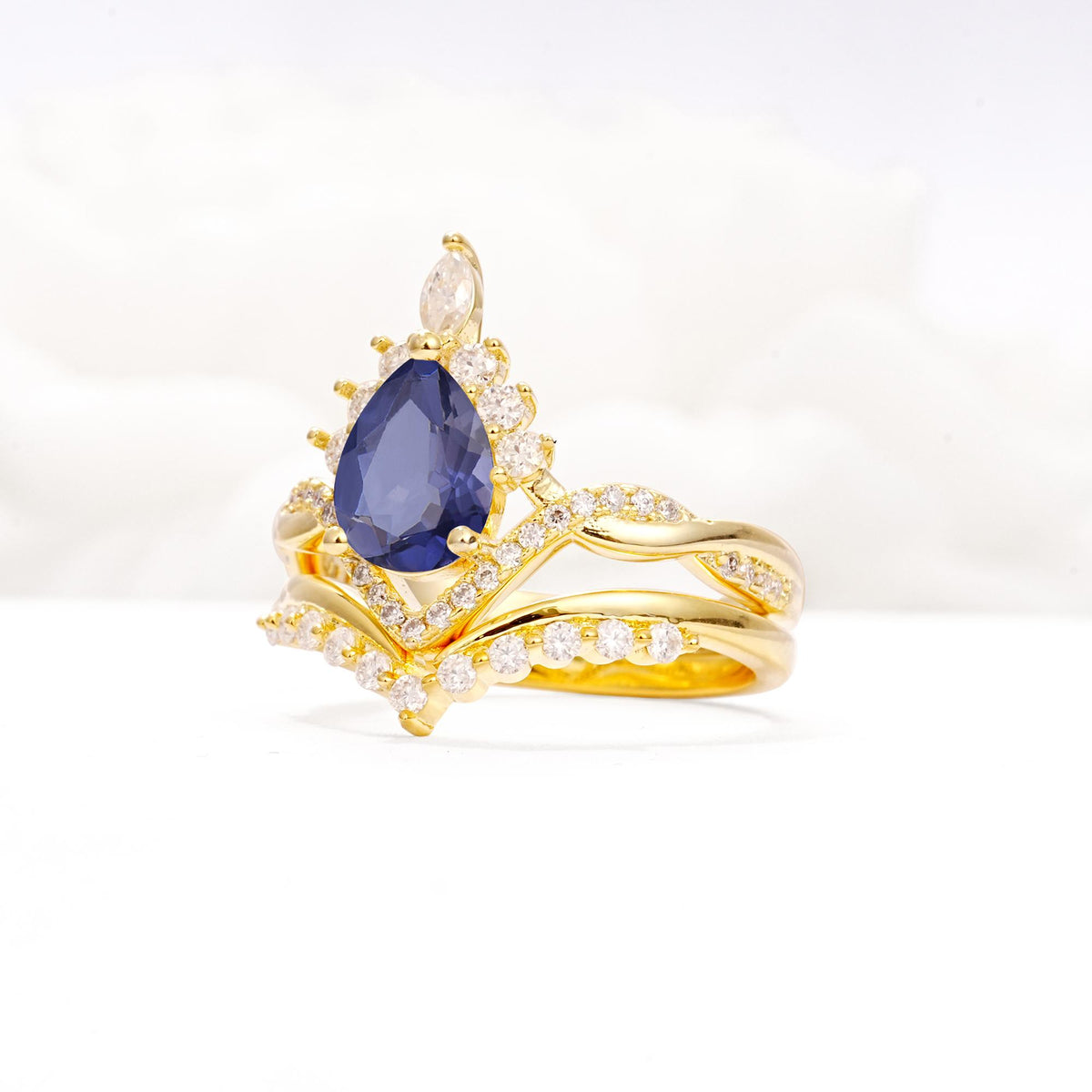 Pear Cut Tanzanite Crown Engagement Ring Set with Chevron Enhancer - Rose-Gold