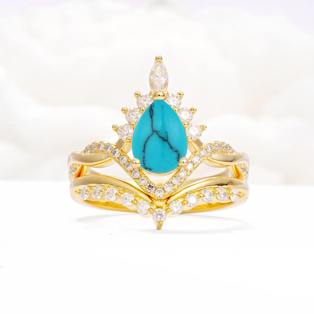 Pear Cut Turquoise Crown Engagement Ring Set with Chevron Enhancer - Yellow-Gold