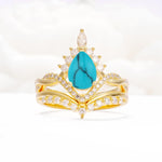 Pear Cut Turquoise Crown Engagement Ring Set with Chevron Enhancer - Yellow-Gold