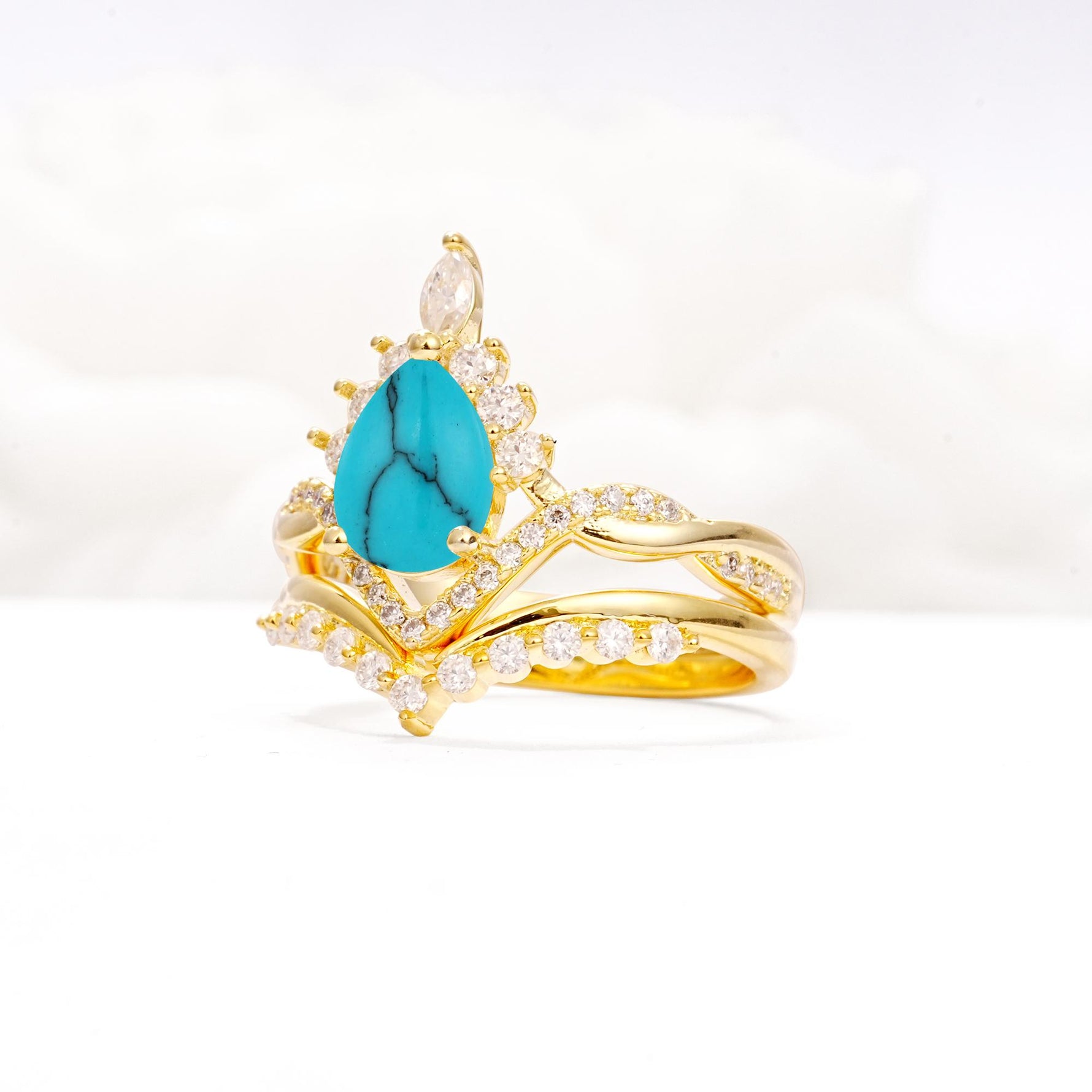 Pear Cut Turquoise Crown Engagement Ring Set with Chevron Enhancer - Rose-Gold