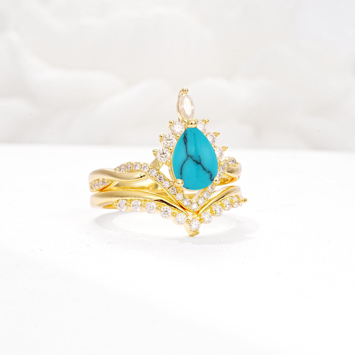 Pear Cut Turquoise Crown Engagement Ring Set with Chevron Enhancer - White-Gold